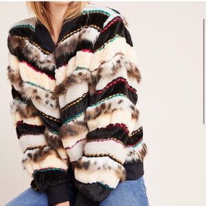 ANTHROPOLOGIE Conditions Apply Faux Fur Sherpa button bomber coat jacket multi M